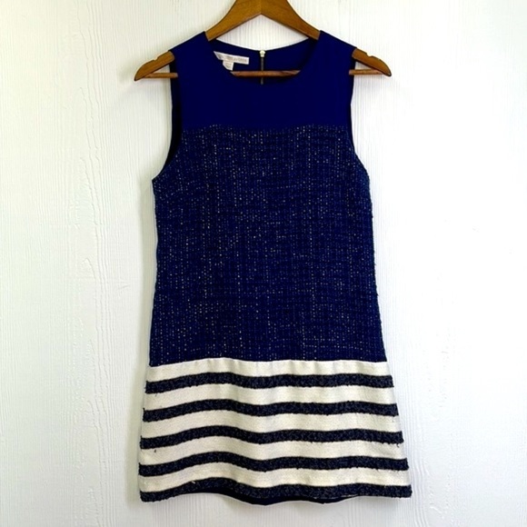 Boston Proper - Navy And Gold Tweed Striped Lined Sleeveless Midi Dress Size 4 - Picture 7 of 10
